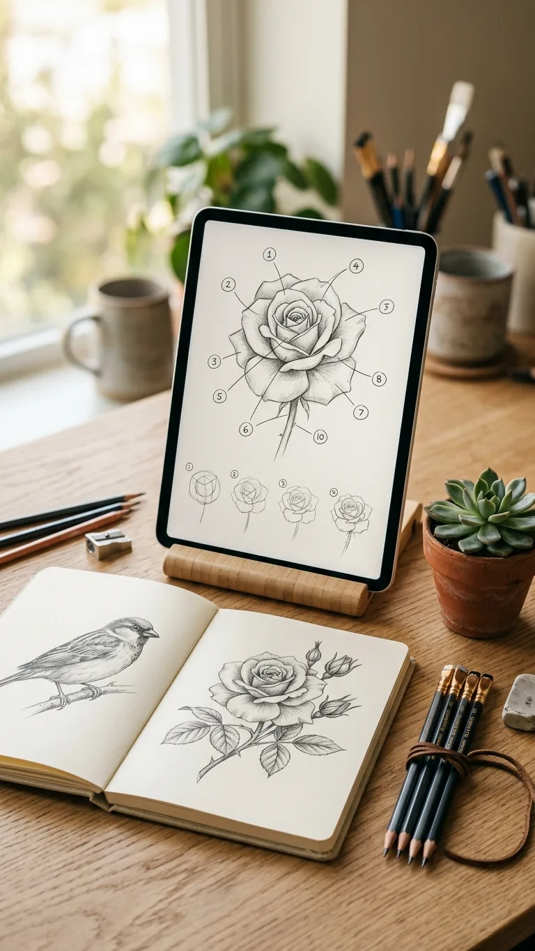 Inside pages of The Drawing Vault on a tablet